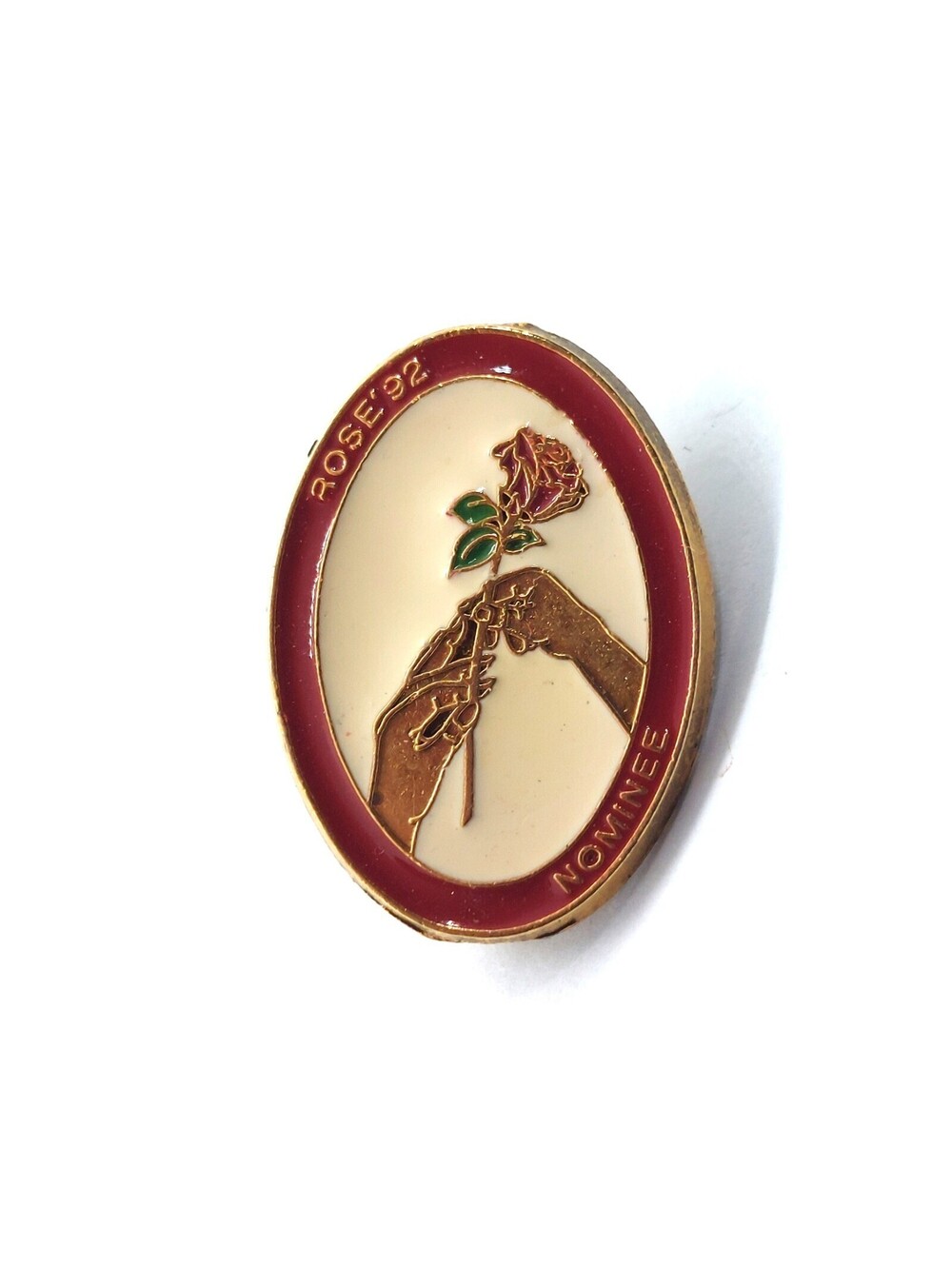 Rose 92 Nominee Pin Red Gold Enamel Hands Flower Presentation Vintage Gift